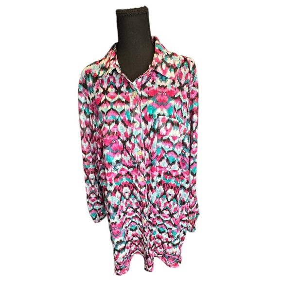 Ruby Rd. Woman Button Front Blouse 16W Multicolor Ikat Print Roll Tab Sleeve 148 - Picture 1 of 9